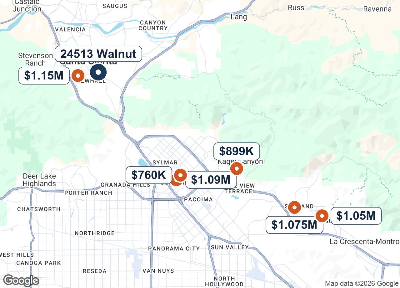 Map of the six comparable sales across the north San Fernando Valley with the subject property marked