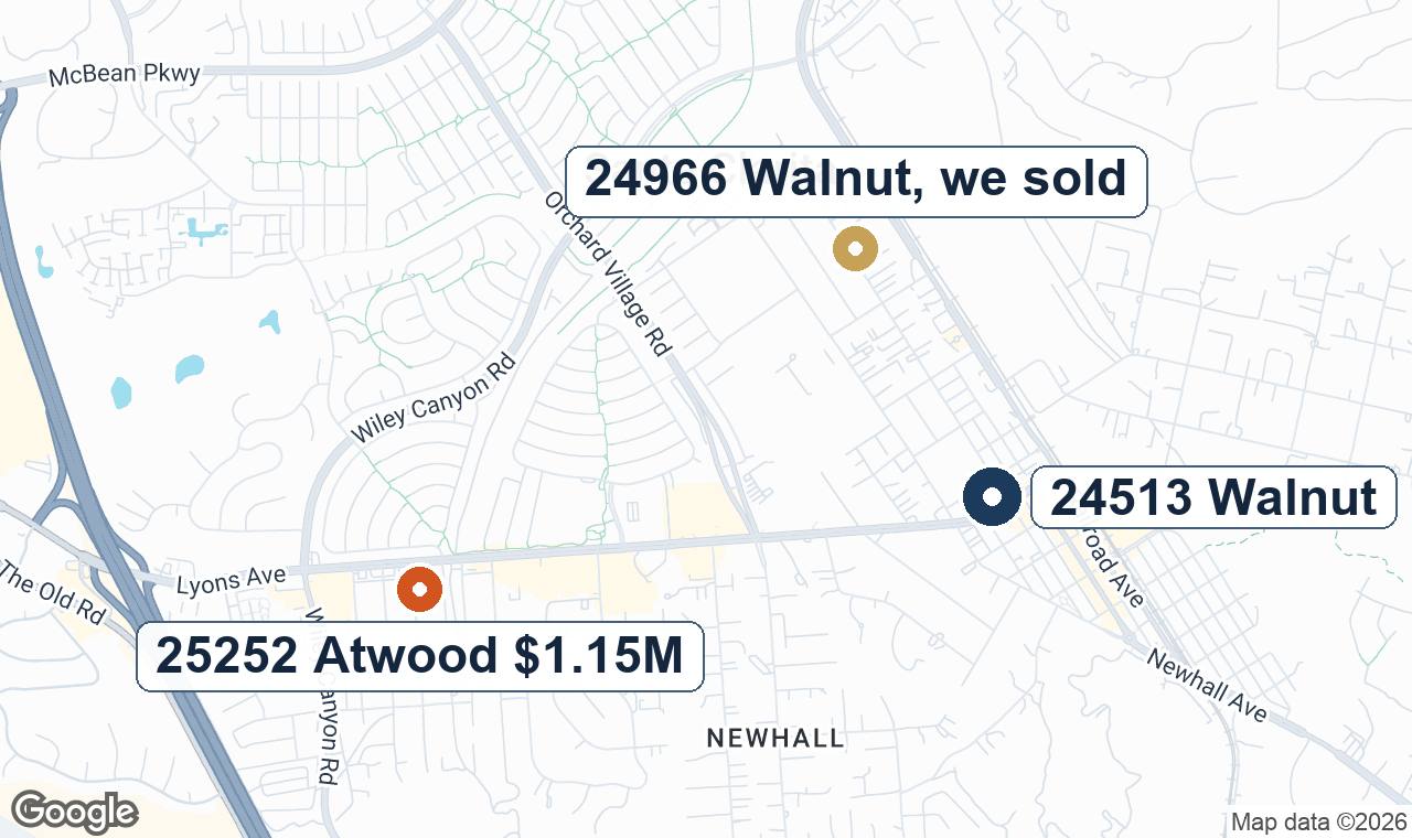 Close-up map of Newhall showing the subject, the renovated Atwood comp, and 24966 Walnut